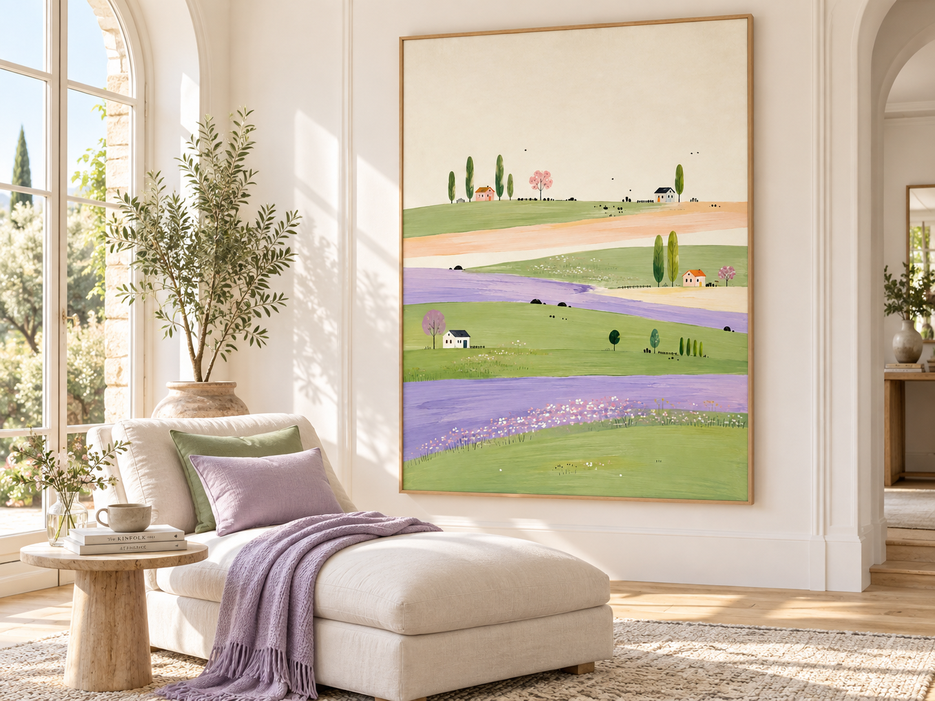 Whimsical Lavender Field Landscape Hand-Painted Canvas Art With Green Hills