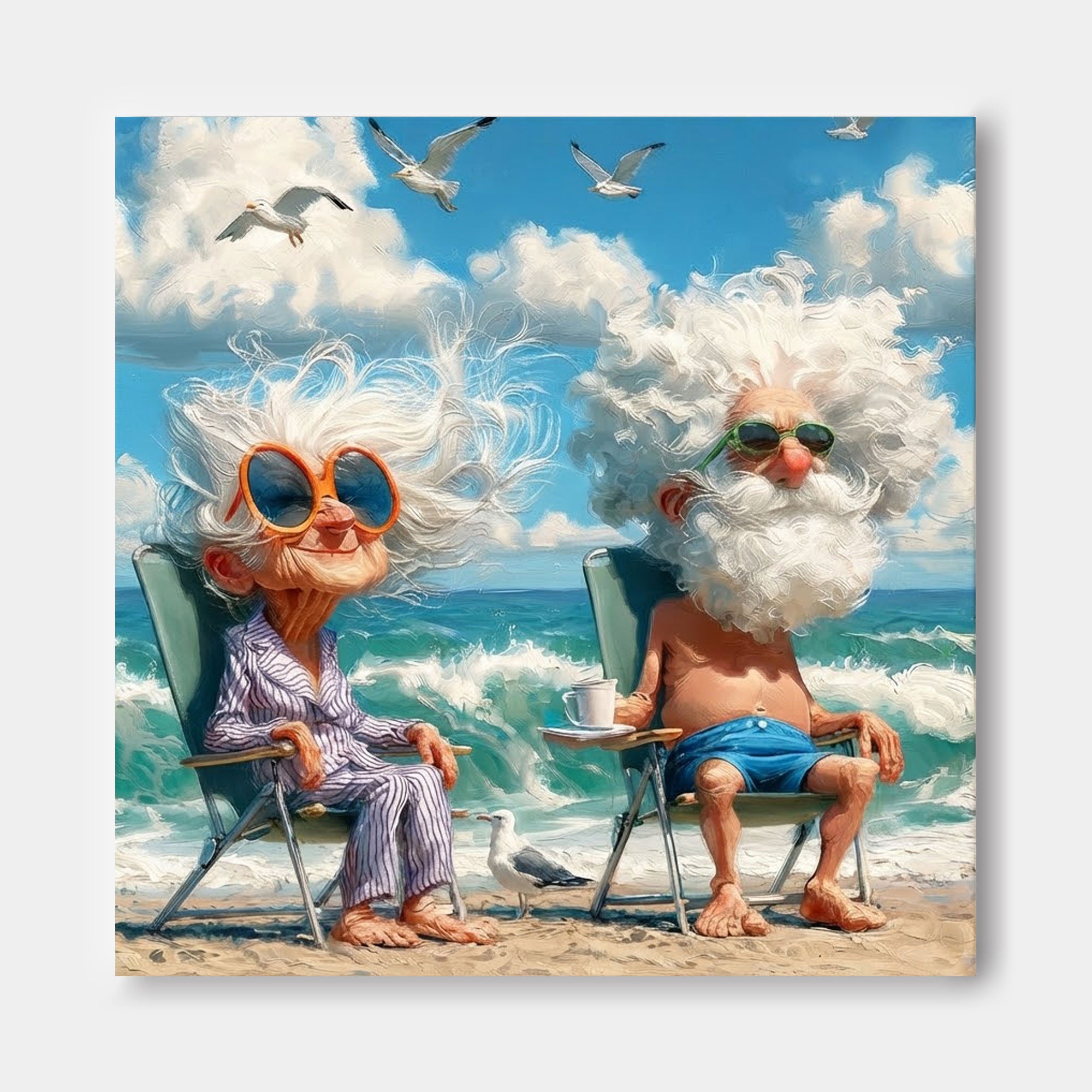Funny Elderly People Painting Square Canvas Wall Art For Home