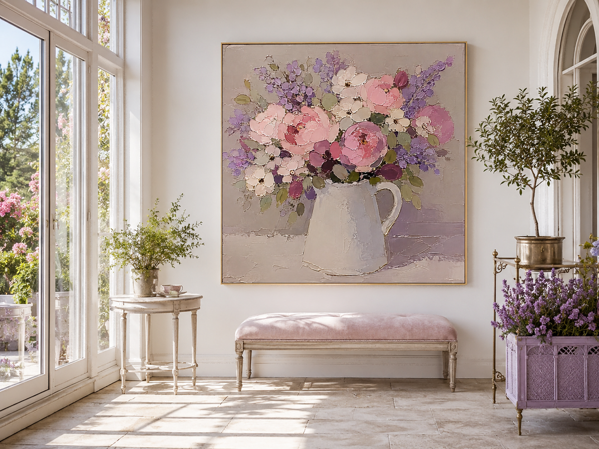 Abstract Impasto Floral Painting In Soft Pink Purple Tones Original Art