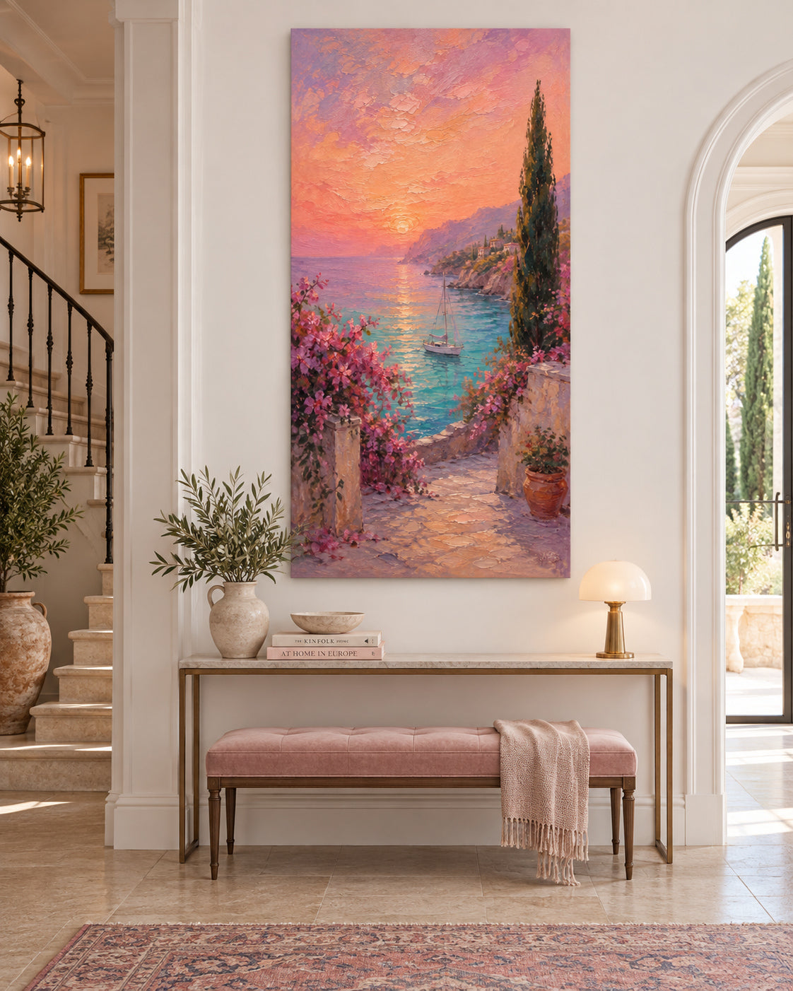 Hand-Painted Mediterranean Sunset Seascape With Sailboat Canvas Art