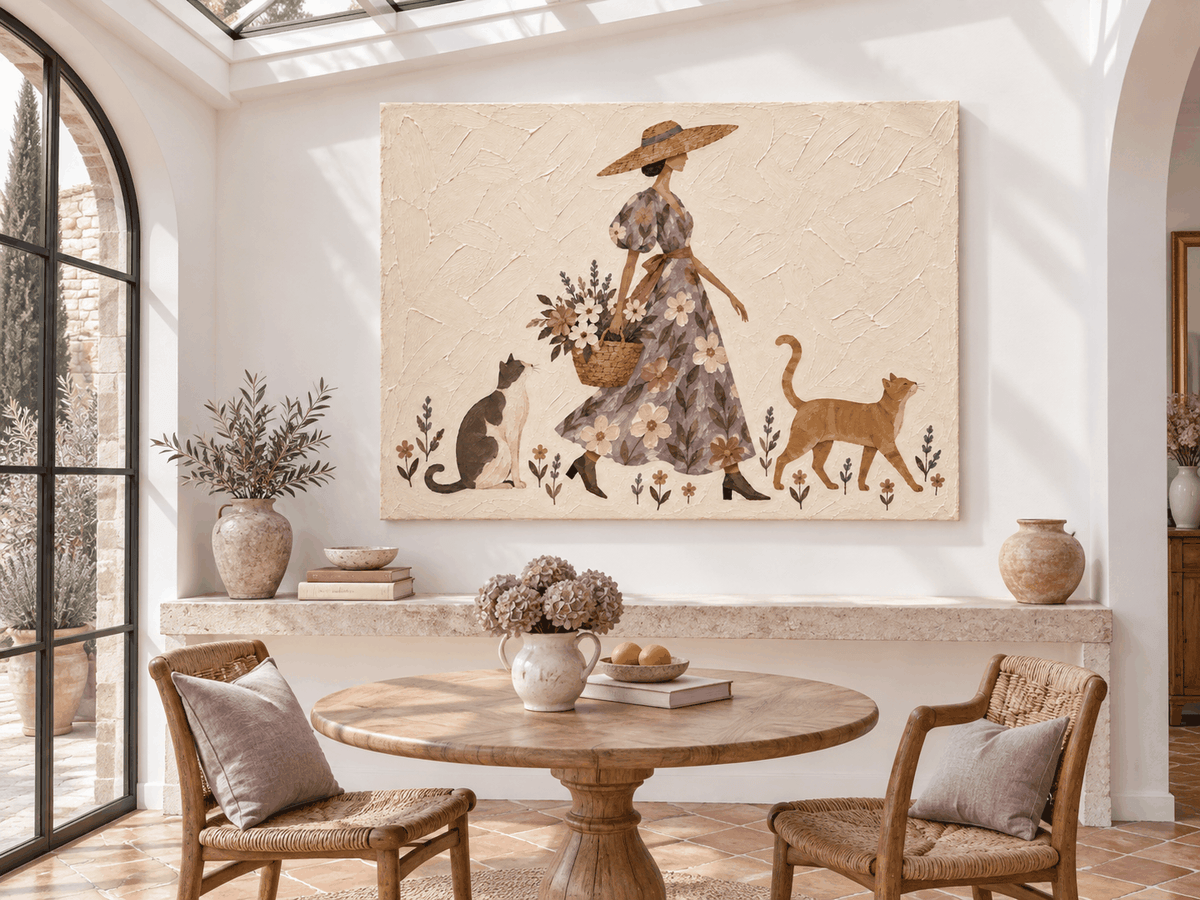 Hand-Painted Lady With Cats And Flowers Canvas Art In Beige And Purple
