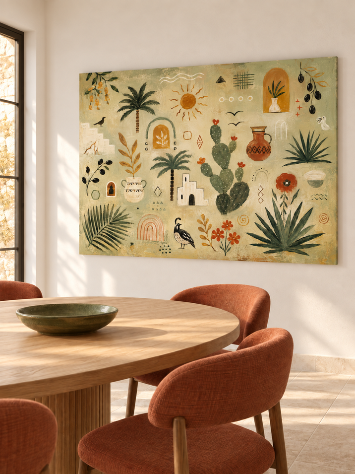 Hand-Painted Cactus And Palm Tree Abstract Canvas Art With Sun