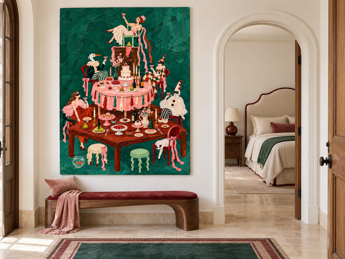 Surreal Masquerade Feast Hand-Painted Canvas Art With Green Background