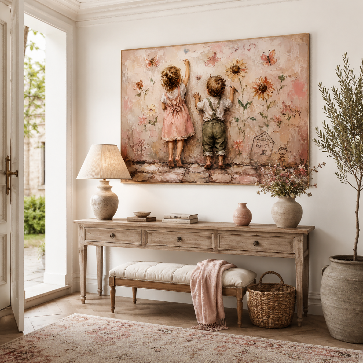 Original Oil Painting Of Two Kids Back View With Floral Wall Art