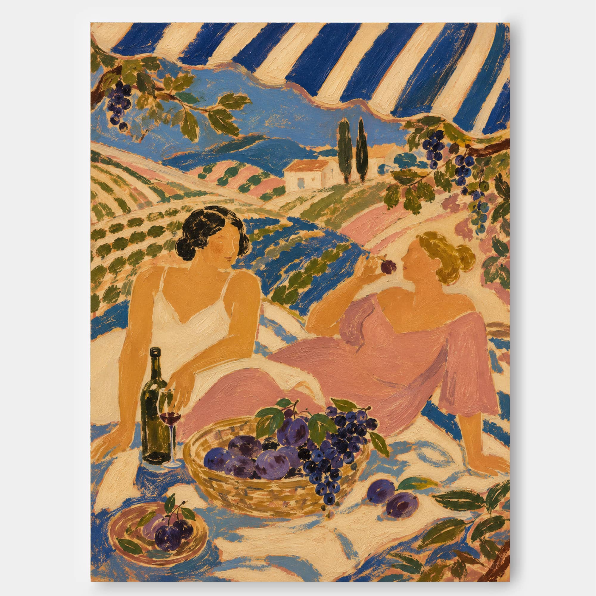 Dreamy Fantasy Art Deco Painting Of Women Relaxing In A Stylized Landscape With Grapes