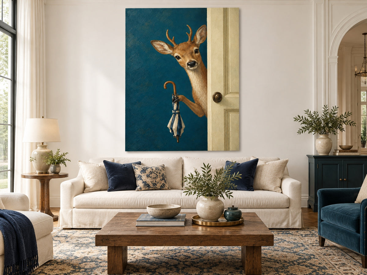 Modern Fantasy Deer Painting Teal Background Handmade Canvas Art