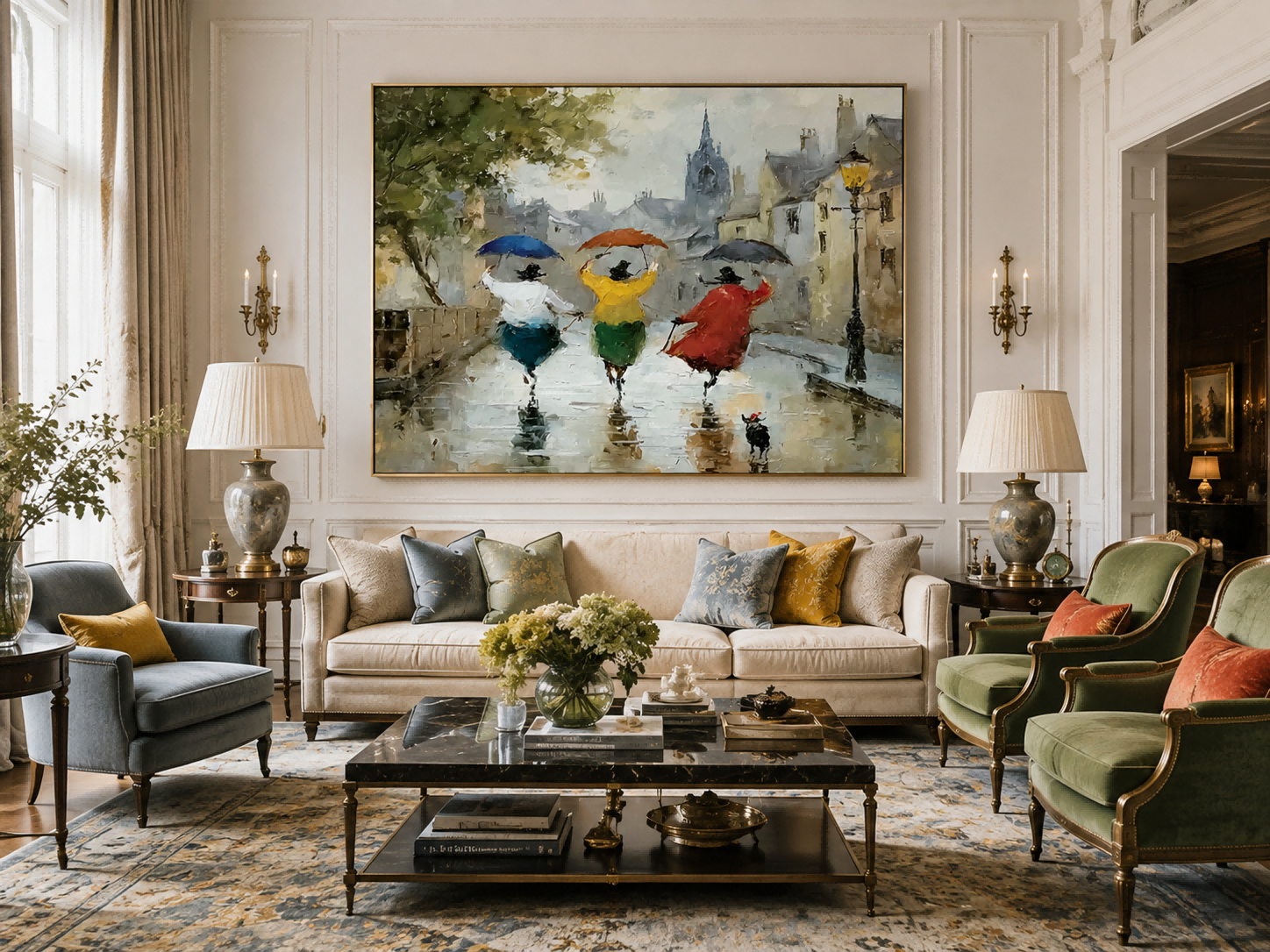 Vintage City Life Canvas Art Featuring Friends Running In Rain With Umbrellas And Lamp Post