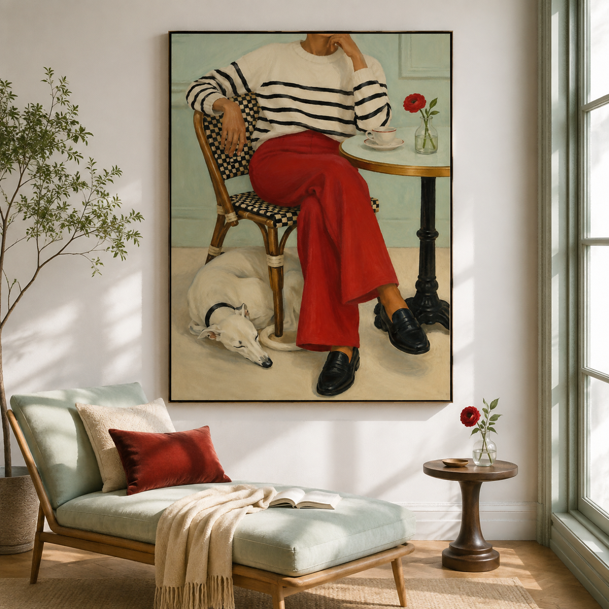 Modern Realist Portrait Of Woman And Pet Casual Elegance Hand-Painted Canvas Artwork