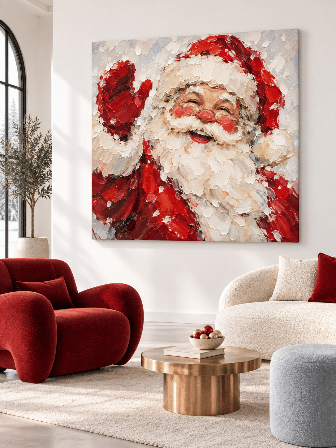 Hand-Painted Santa Claus Portrait With Red Hat And Glasses Canvas Art