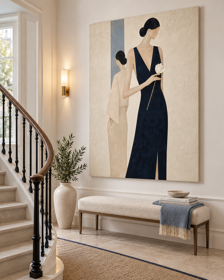 Two Women In Navy And Beige Hand-Painted Canvas Art With White Flower