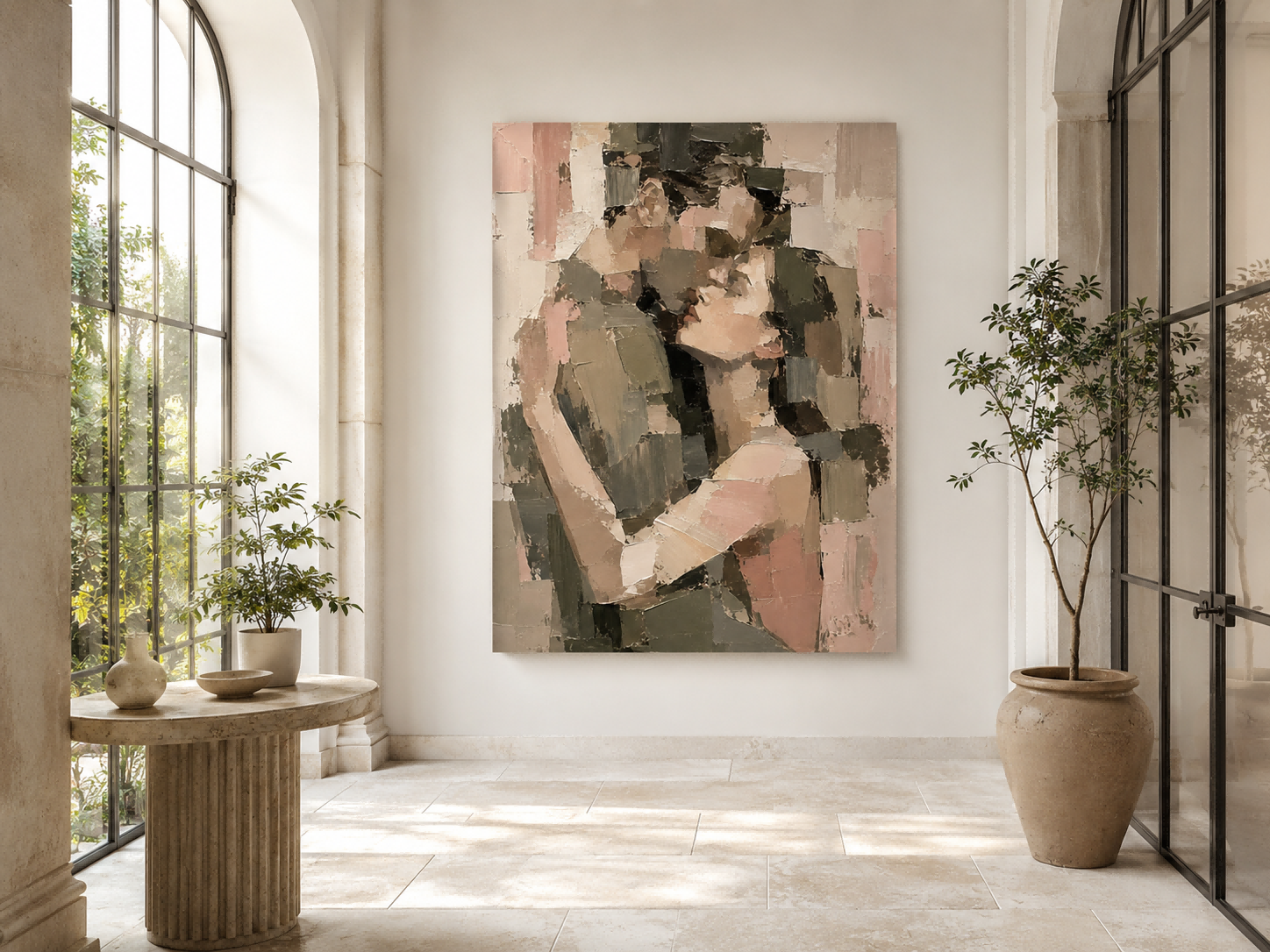 Modern Abstract Oil Painting Of Lovers Embrace With Geometric Impasto Texture For Bedroom Wall Art Decor