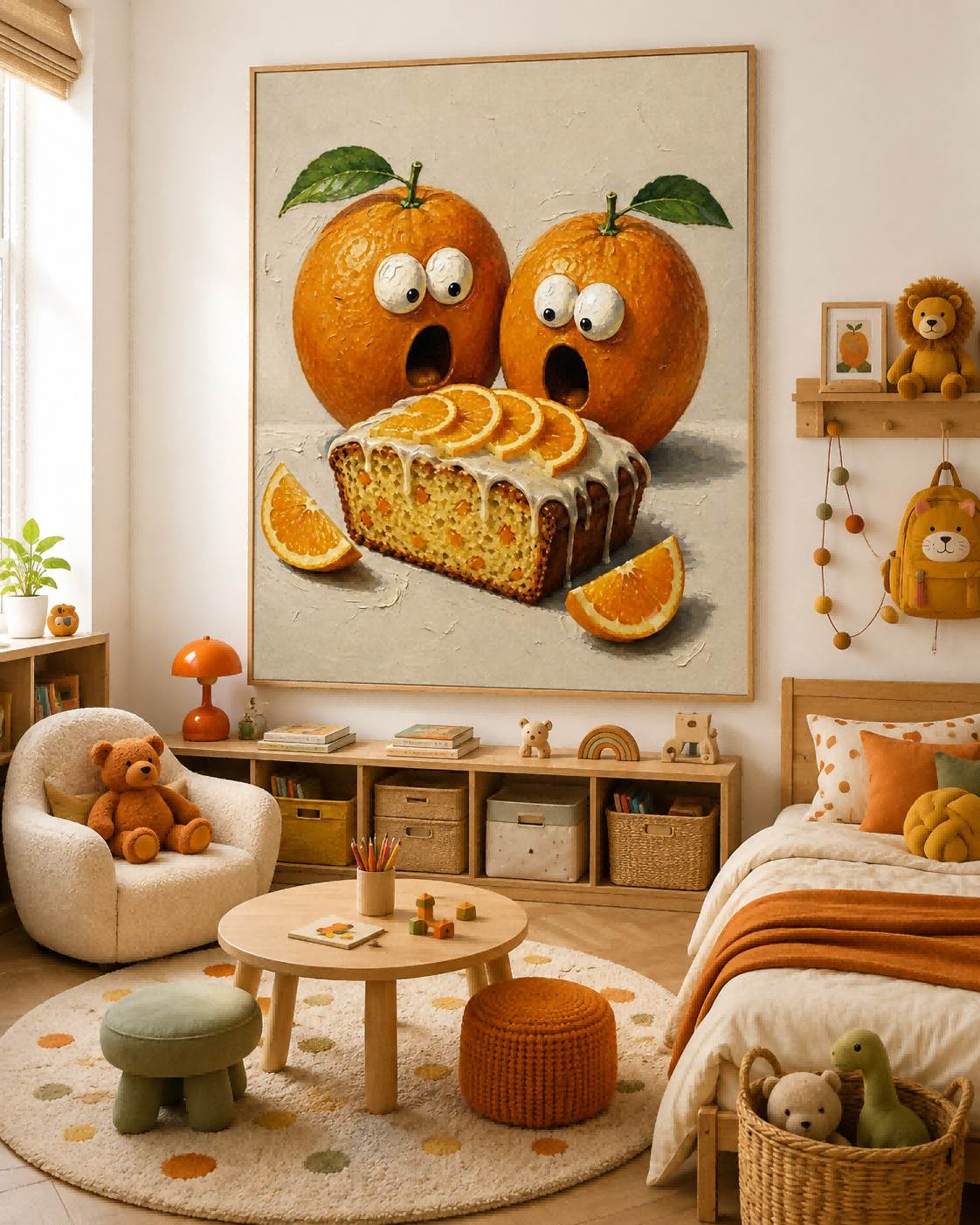 Whimsical Orange And Cake Painting For Modern Kitchen Wall Art Decor