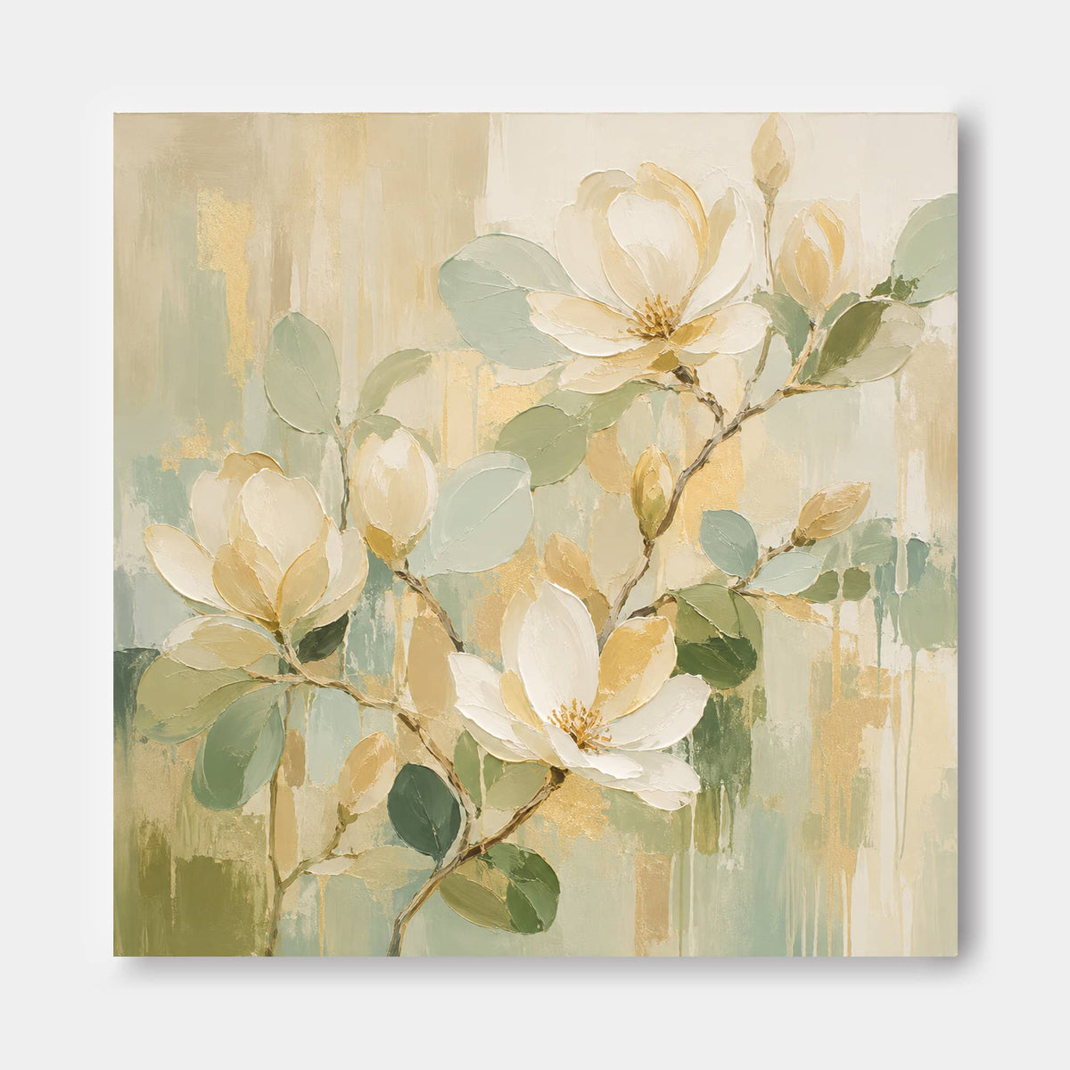 Hand-Painted Magnolia Floral Abstract Canvas Art With Gold Accents For Modern Home