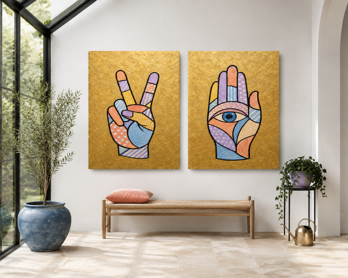 Hand-Painted Victory And Hamsa Hand Canvas Art Set With Gold Background Modern Gold Wall Art Decor For Living Room With Pop Art Style Hands