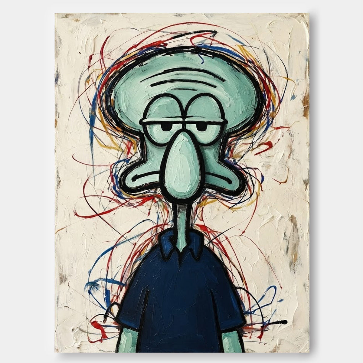 Hand-Painted Squidward Portrait With Colorful Graffiti Lines On Canvas