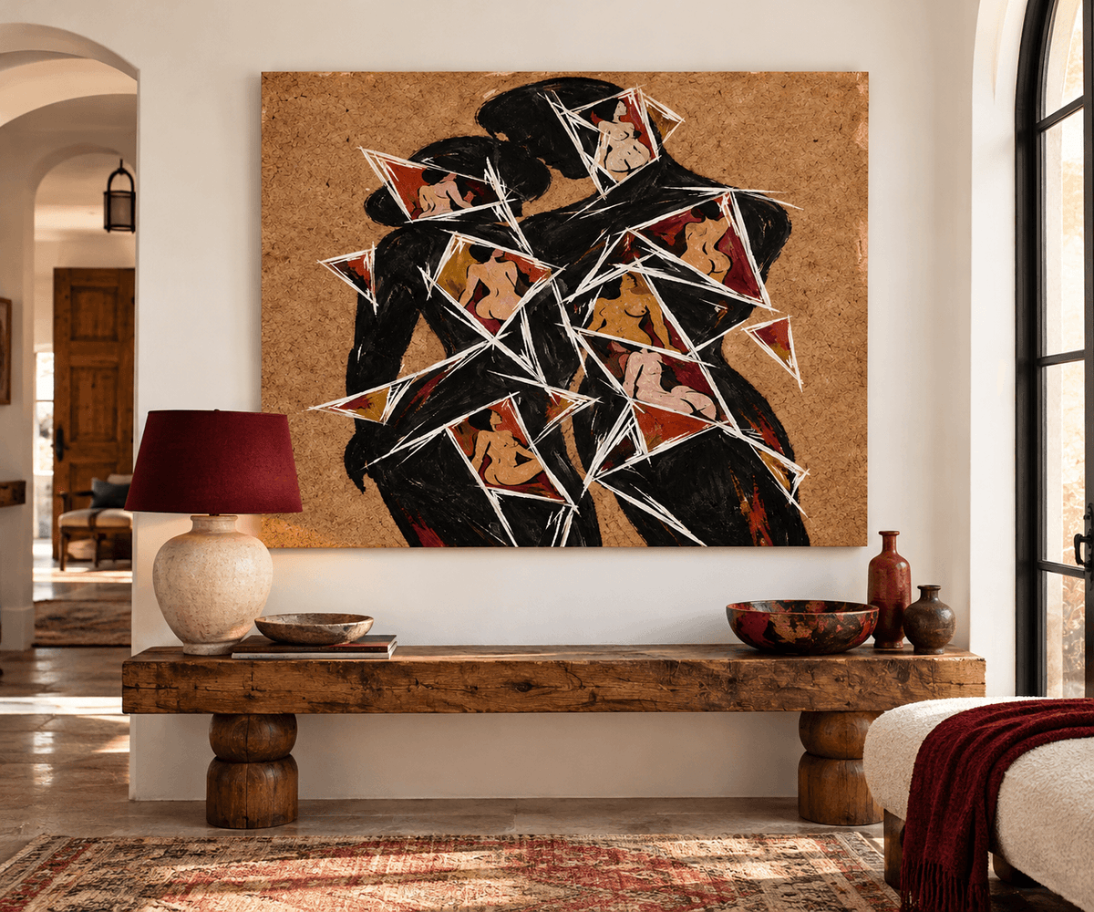 Abstract Lovers Silhouette Hand-Painted Canvas Art With Geometric Shards Cubist Romantic Art