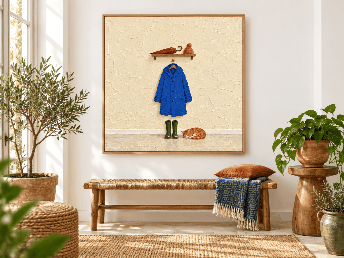 Hand-Painted Blue Coat And Sleeping Cat Canvas Art For Pet Lovers