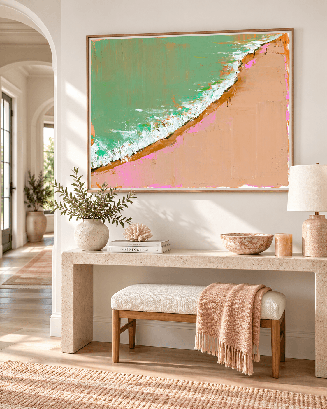 Minimalist Textured Abstract Art In Green And Beige Tones