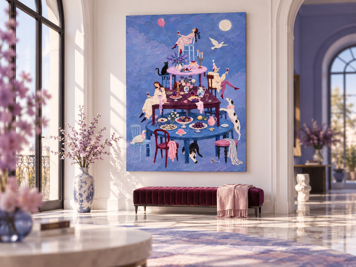 Surreal Moonlit Banquet Hand-Painted Canvas Art With Stacked Tables And Animals Vintage Dining Room Wall Art