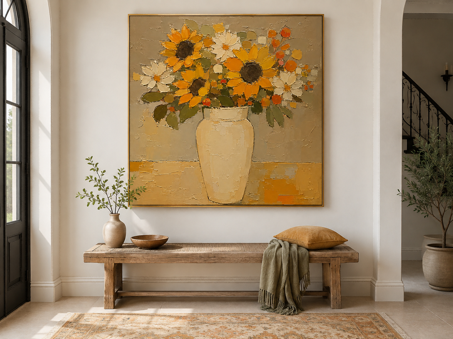 Hand-Painted Sunflower And Daisy Floral Canvas Art In Gold Beige Tones