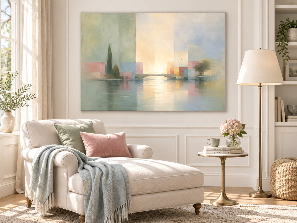 Modern Impressionist Geometric Landscape Canvas Painting With Morandi Color Palette