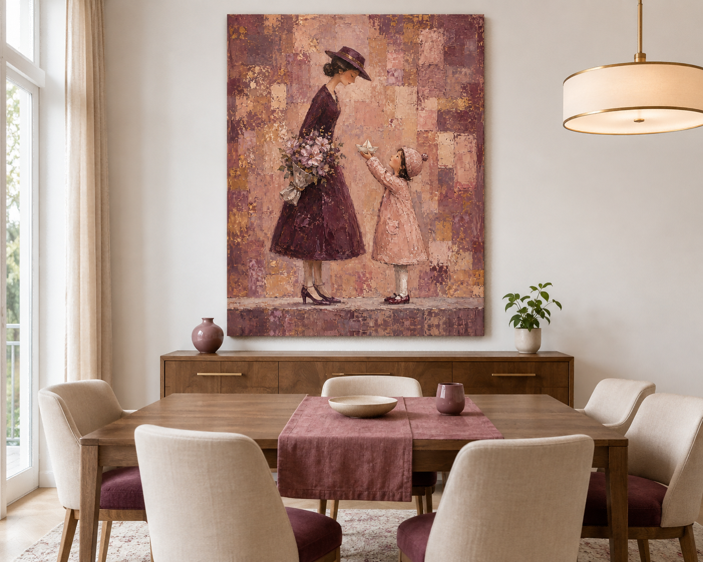 Abstract Modern Illustration Of Motherhood In Purple Textured Canvas Wall Art