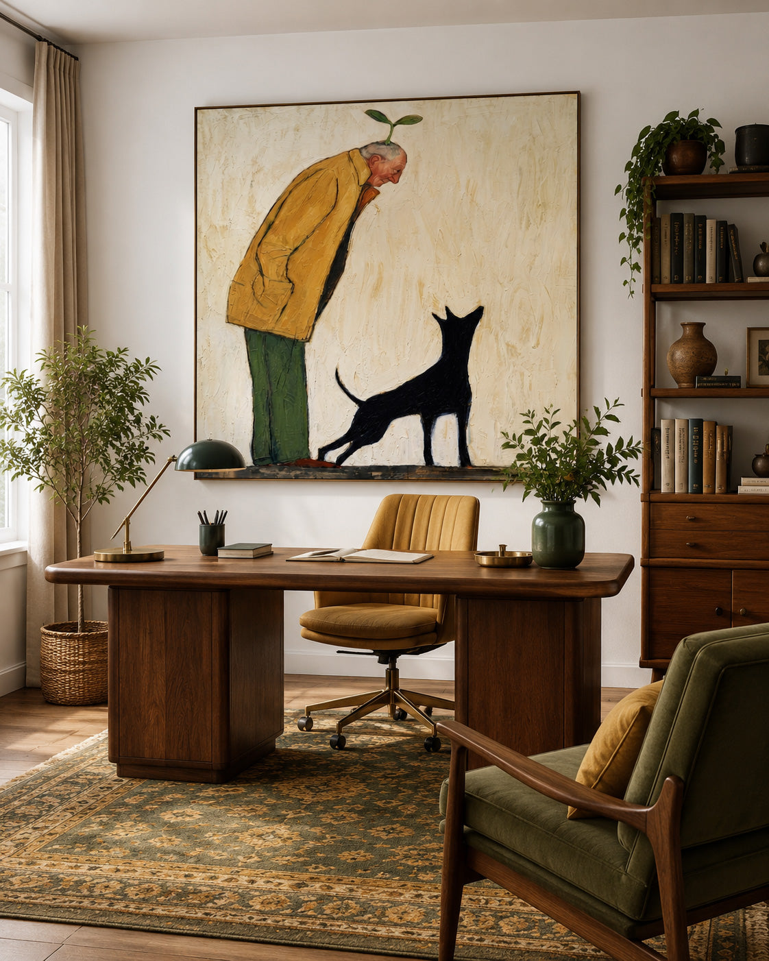Unique Surreal Portrait Of Man With Plant And Black Dog