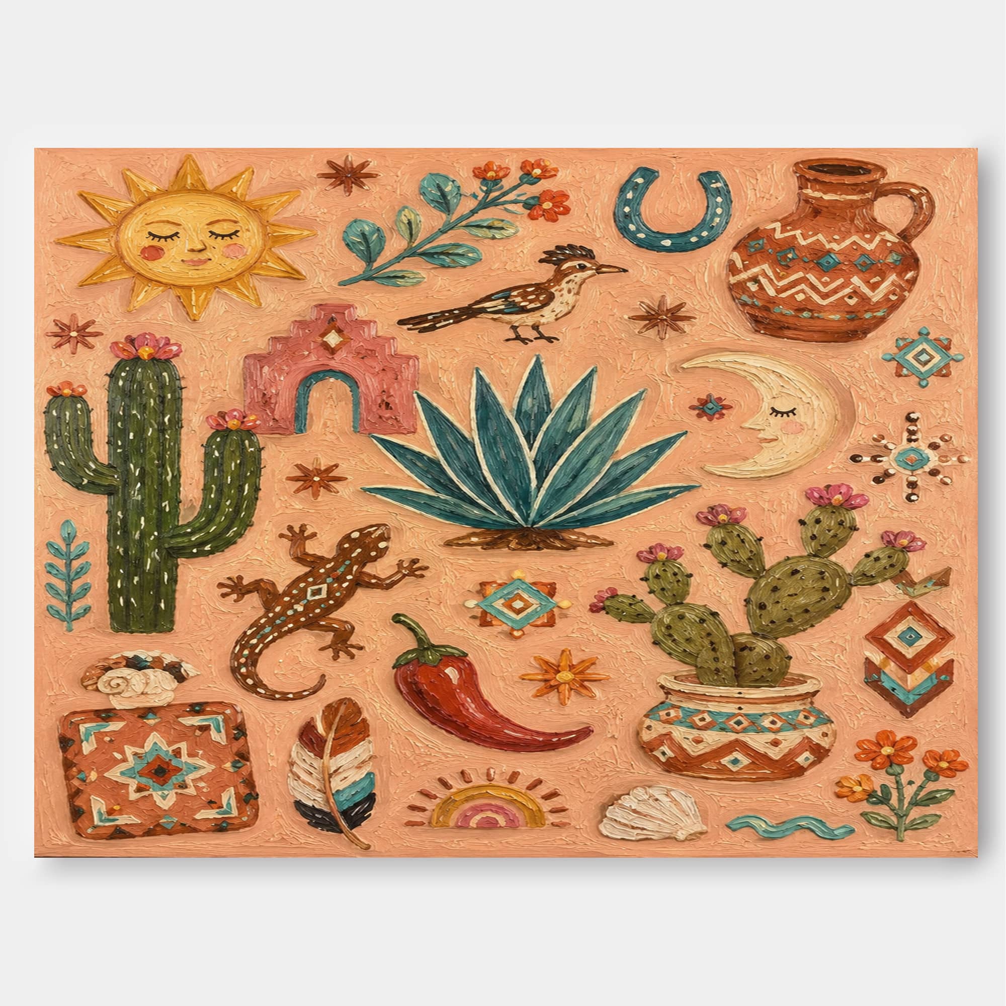 Bohemian Desert Sunset Wall Art With Geometric Cactus And Lizard For Living Room