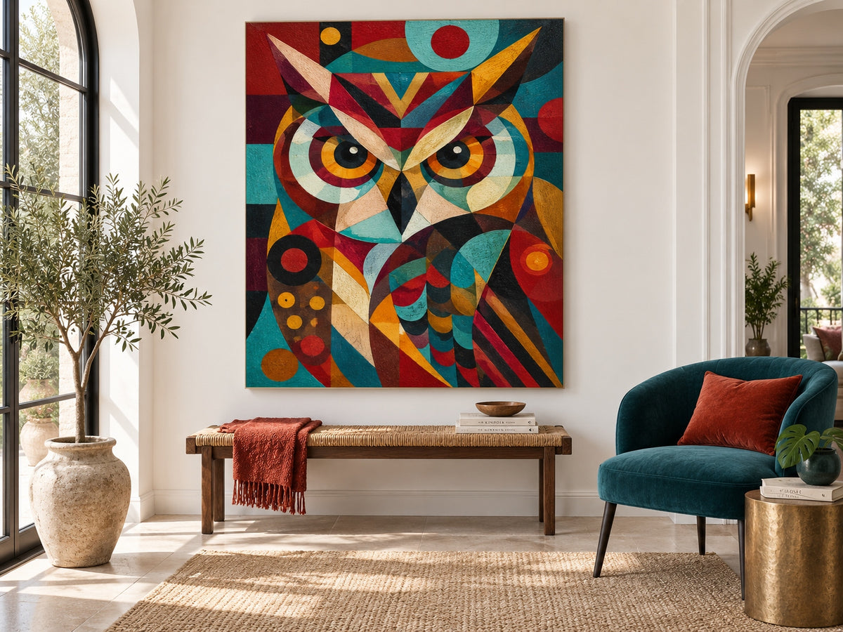 Vintage Cubism Inspired Owl Painting With Textured Geometric Patterns