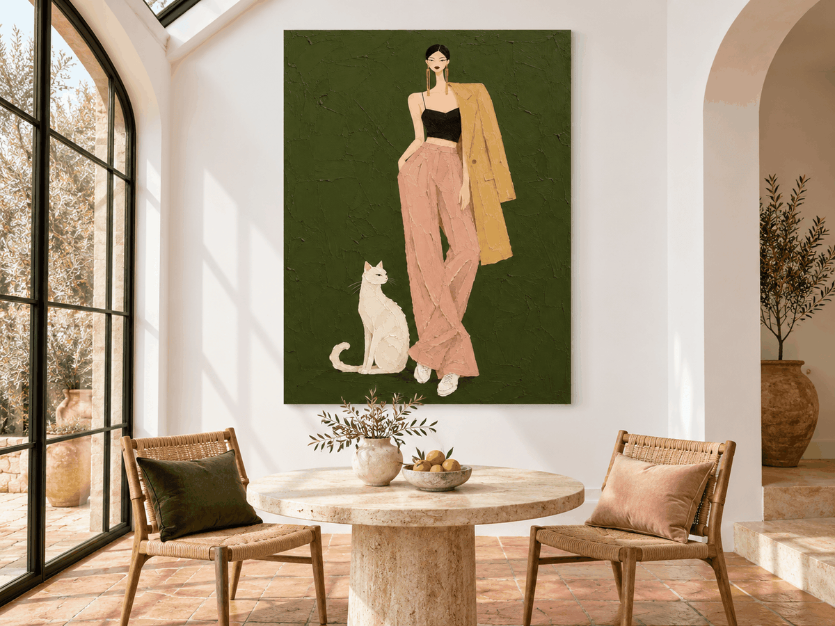 Textured Impasto Style Painting Of A Chic Woman And Her Cat
