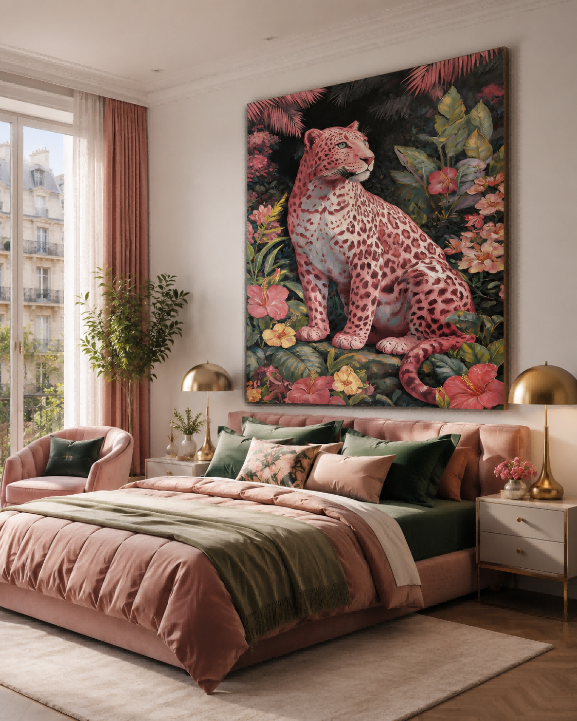 Square Canvas Art Featuring Pink Panther And Hibiscus Flowers Design