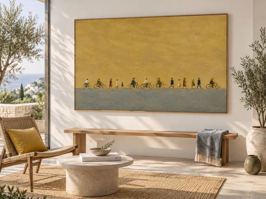 Vintage People Procession Hand-Painted Canvas Art In Gold And Grey Tones