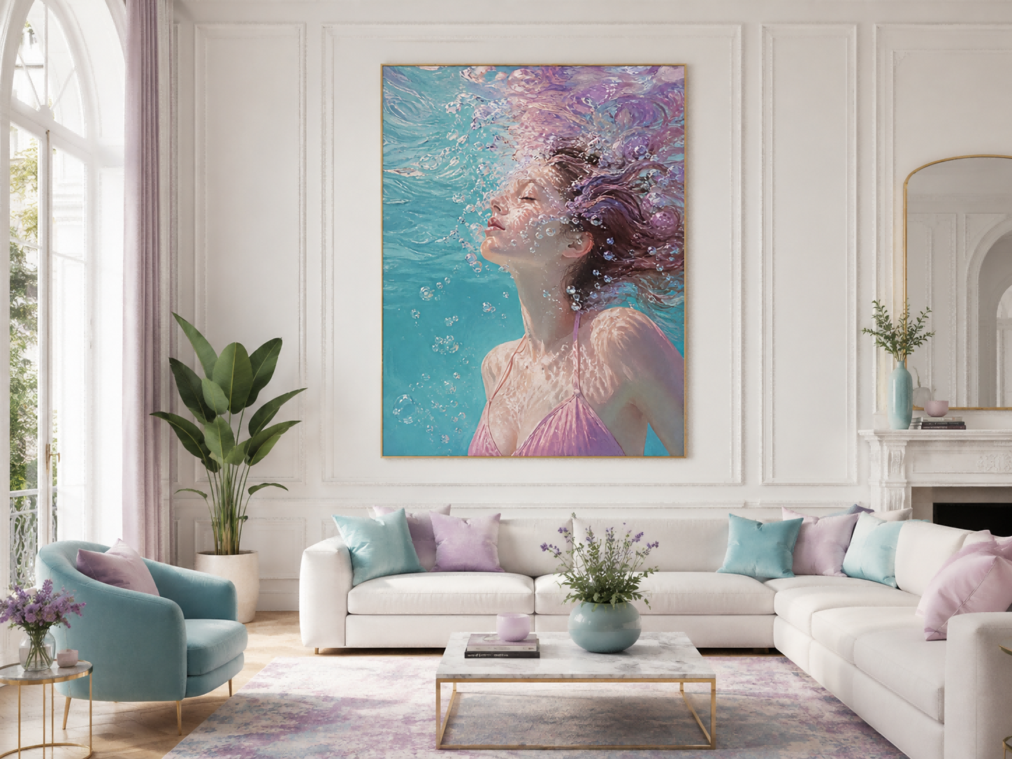 Modern Underwater Woman Painting With Bubbles And Soft Light For Home Decor