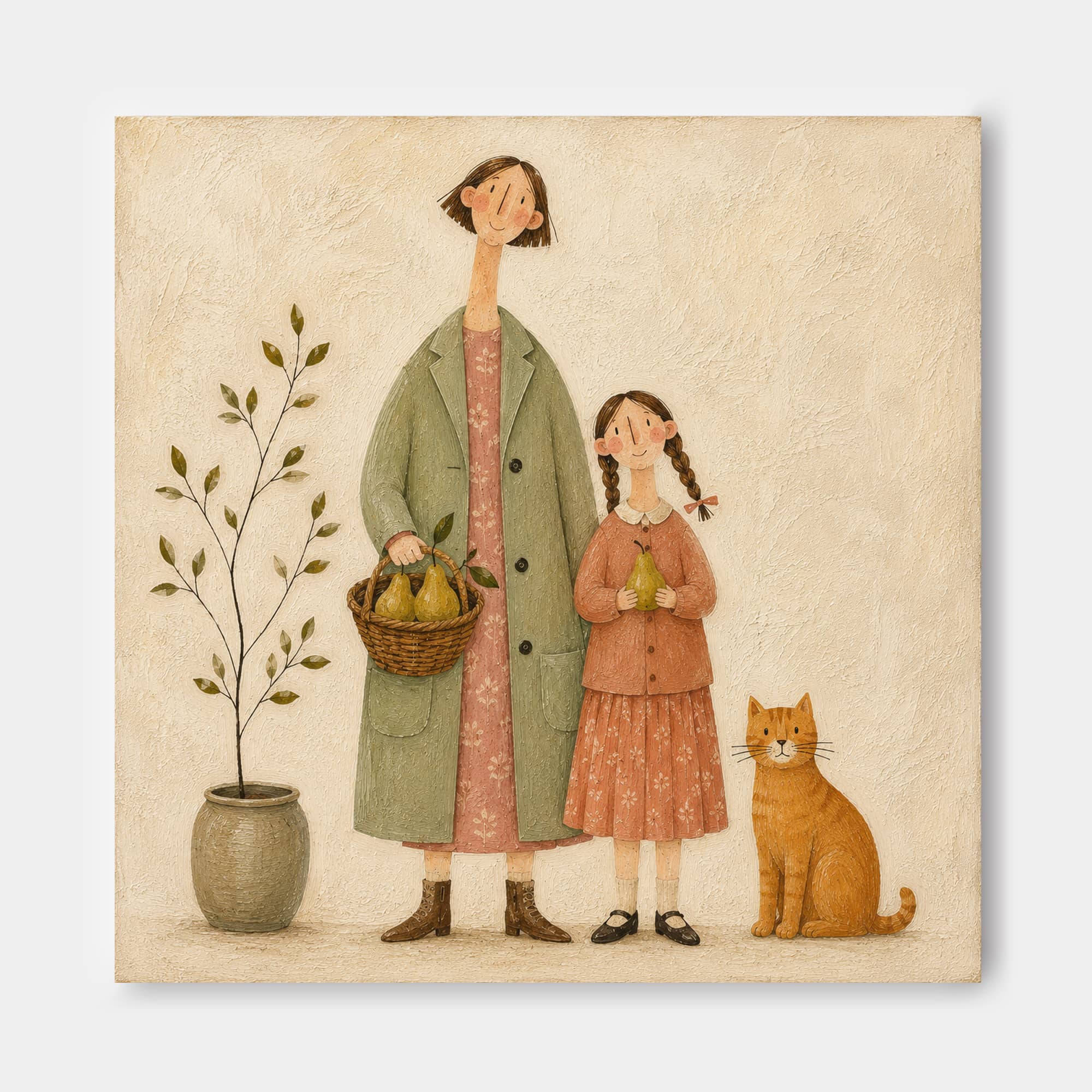 Charming Naive Art Painting Of Family With Cat In Vintage Style For Living Room Decor