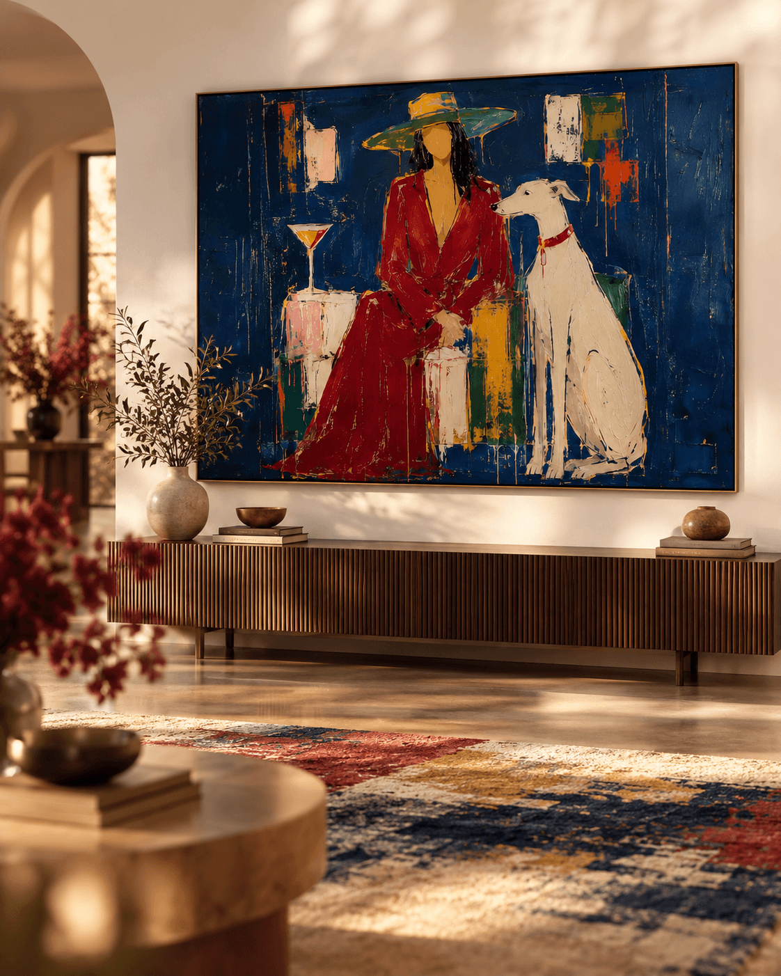 Modern Textured Art Abstract Portrait Of Lady With Dog In Blue