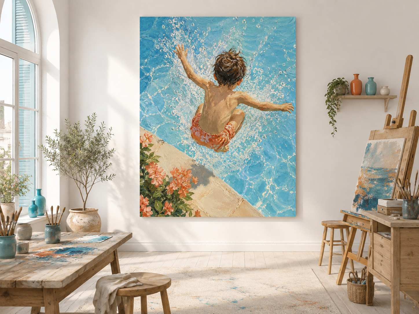 Realistic Impressionist Swimming Pool Art Hand Painted Canvas For Beach House Decor