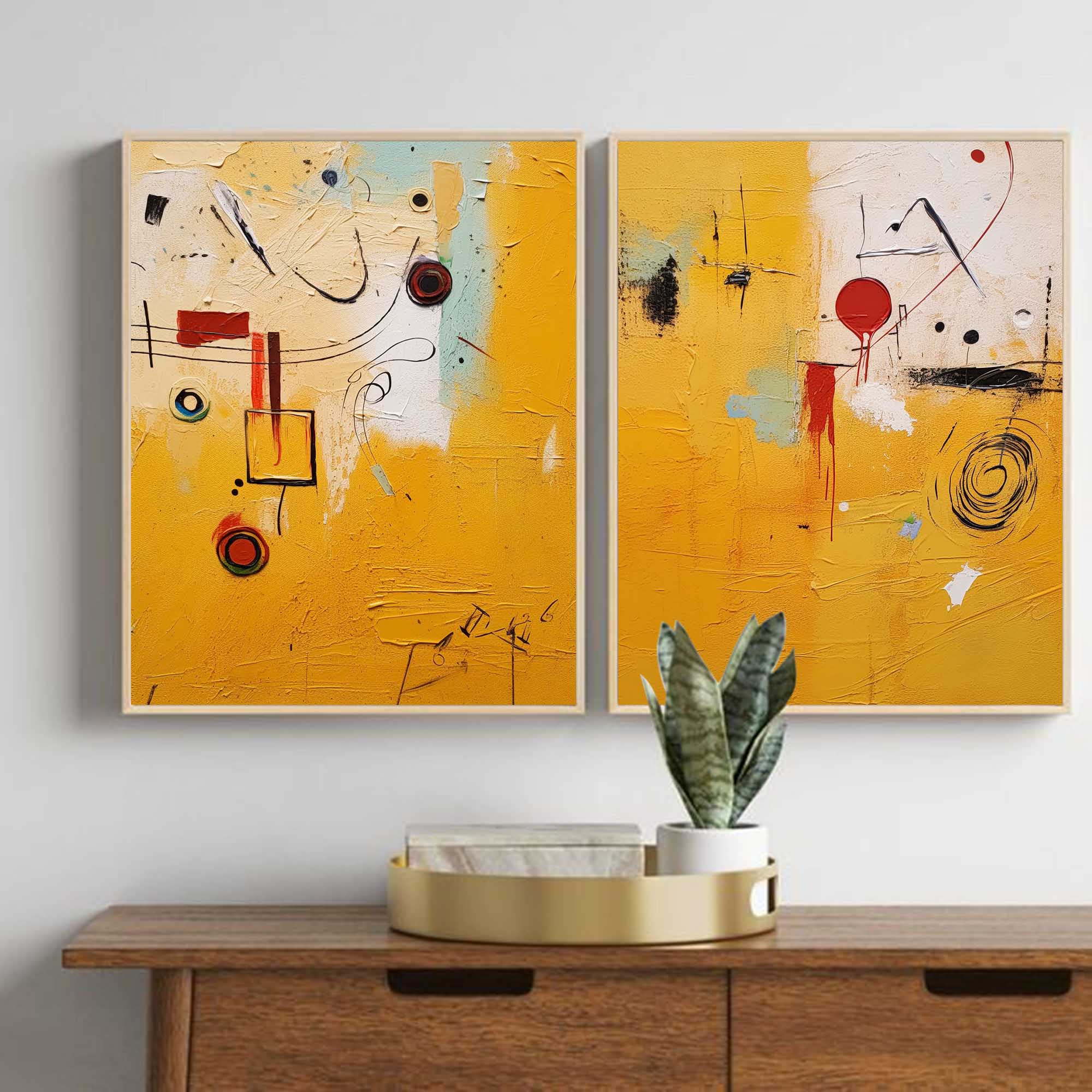 Set of 2 Yellow Large Abstract Graffiti Oil Painting Modern Wall Art Original Texture acrylic Painting Living Room Decor