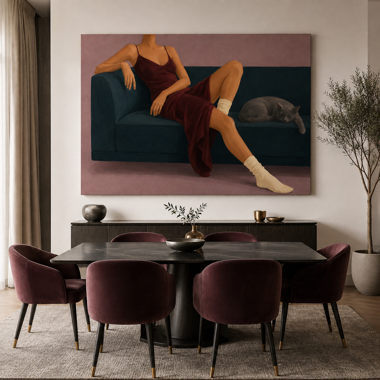 Modern Figurative Oil Painting Of Elegant Woman Resting With Pet At Home Woman And Cat On Sofa Hand-Painted Modern Canvas Art In Red And Teal