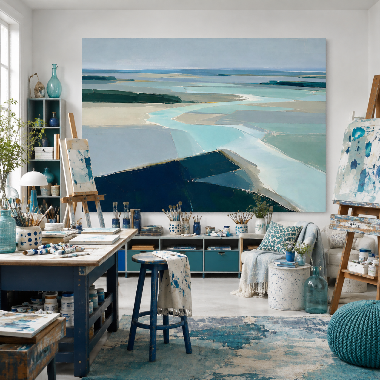 Modern Abstract Landscape Painting With Cool Blue Tones For Living Room Decor