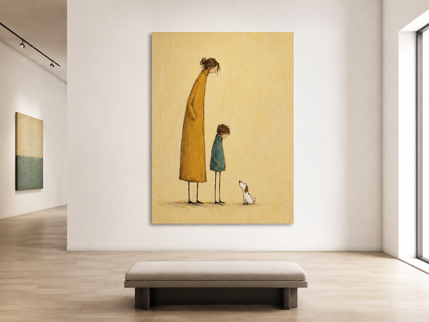 Naive Art Painting Of Mother Child And Dog For Modern Home Decor
