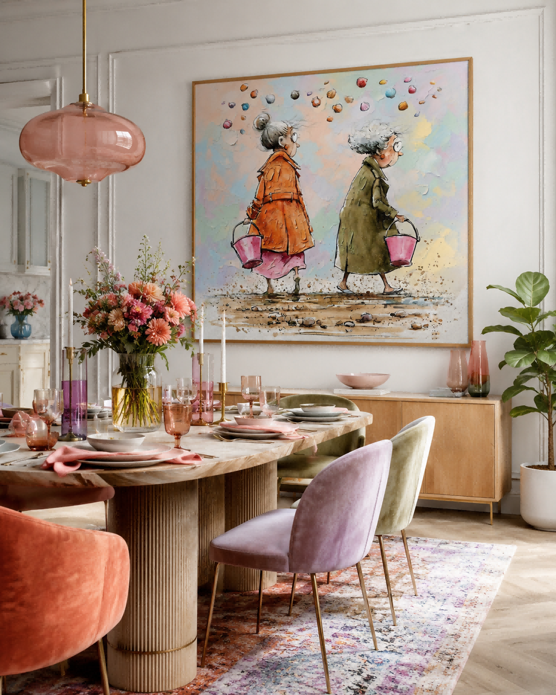 Square Wall Art For Living Room Featuring Whimsical Beach Scene With Two Ladies