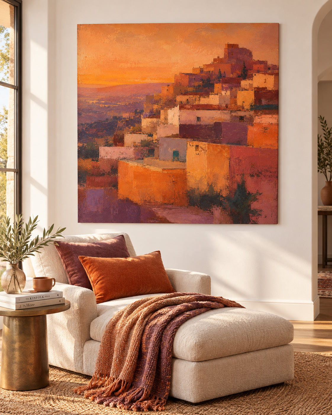 Hand-Painted Hillside Village Canvas Art In Warm Orange And Purple Tones