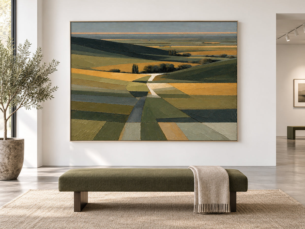 Minimalist Impressionist Oil Painting With Geometric Fields And Moody Sky
