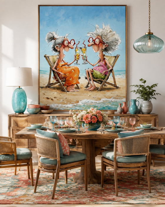 Colorful Illustrative Canvas Art Featuring Funny Seniors At The Beach In Orange And Pink