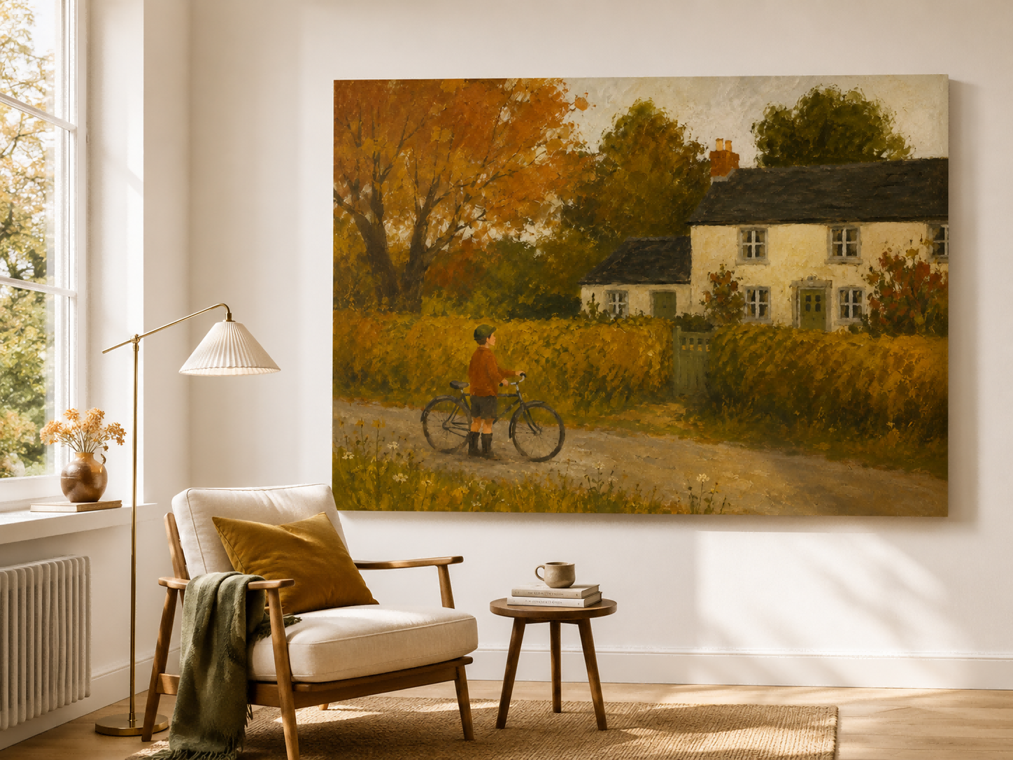 Nostalgic Rural Scene Original Canvas Painting In Classic Realist Style Boy With Bicycle Country Lane Hand-Painted Canvas Art In Golden Autumn Colors