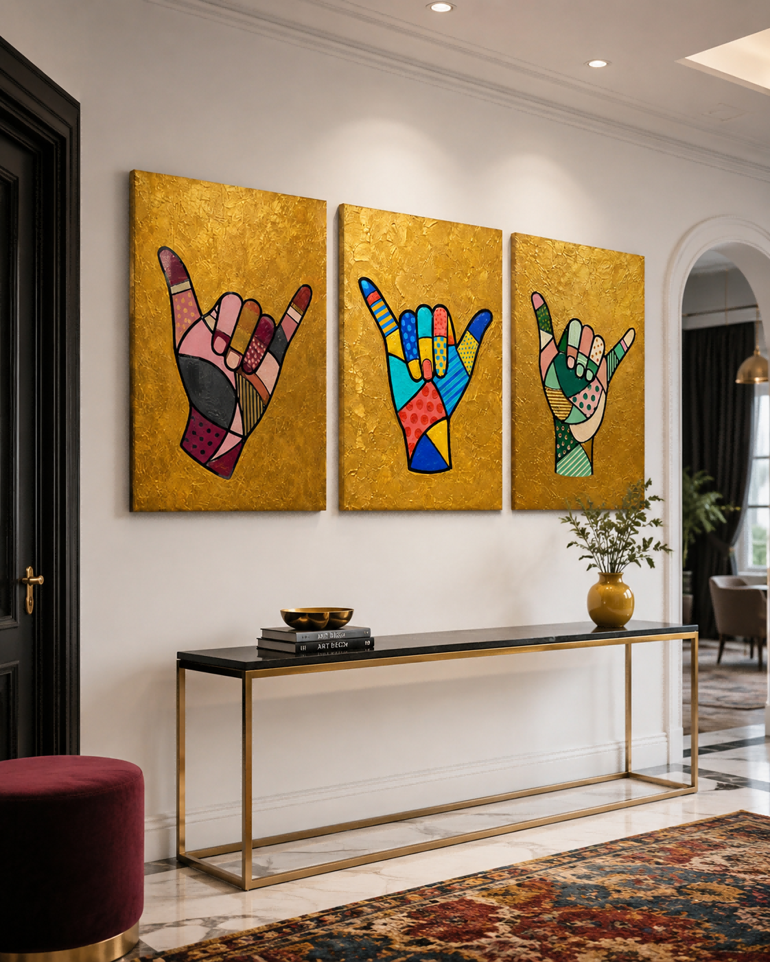 Modern Pop Art Triptych With Geometric Patterns And Textured Gold Finish
