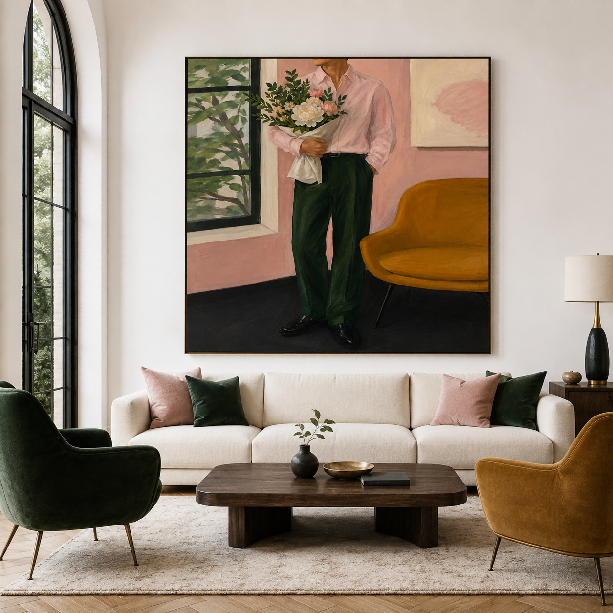 Modern Romantic Figurative Art Canvas Print Gentleman With Bouquet In Warm Tones