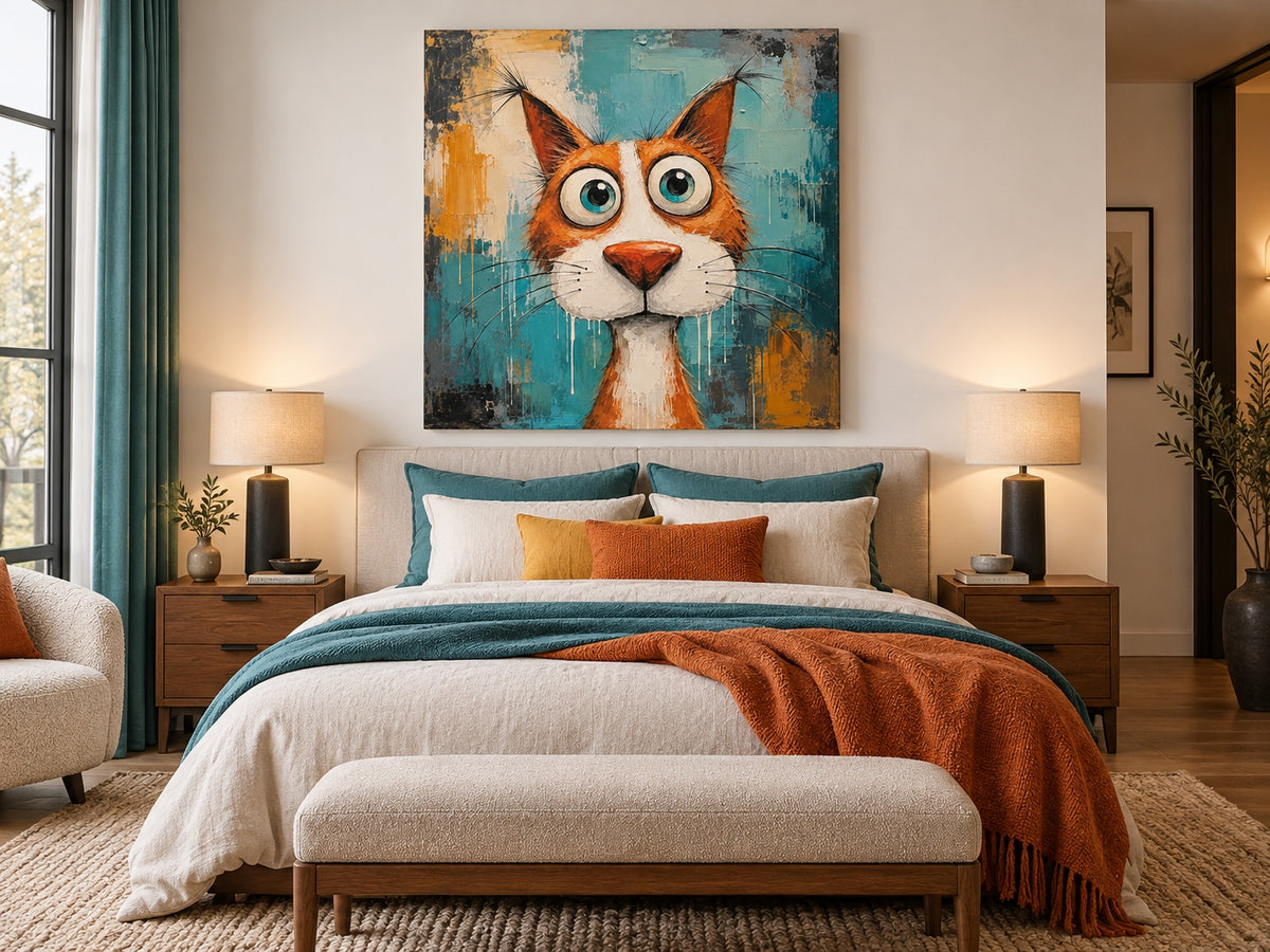 Modern Pop Art Cat Painting Abstract Textured Canvas For Home