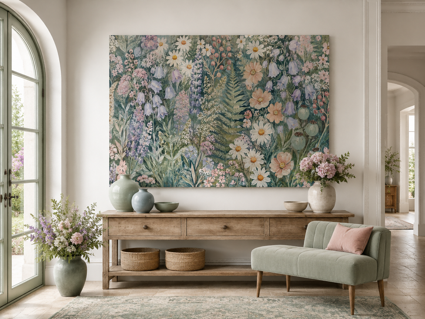 Textured Botanical Illustration Of Wildflowers And Greenery In Vintage Style