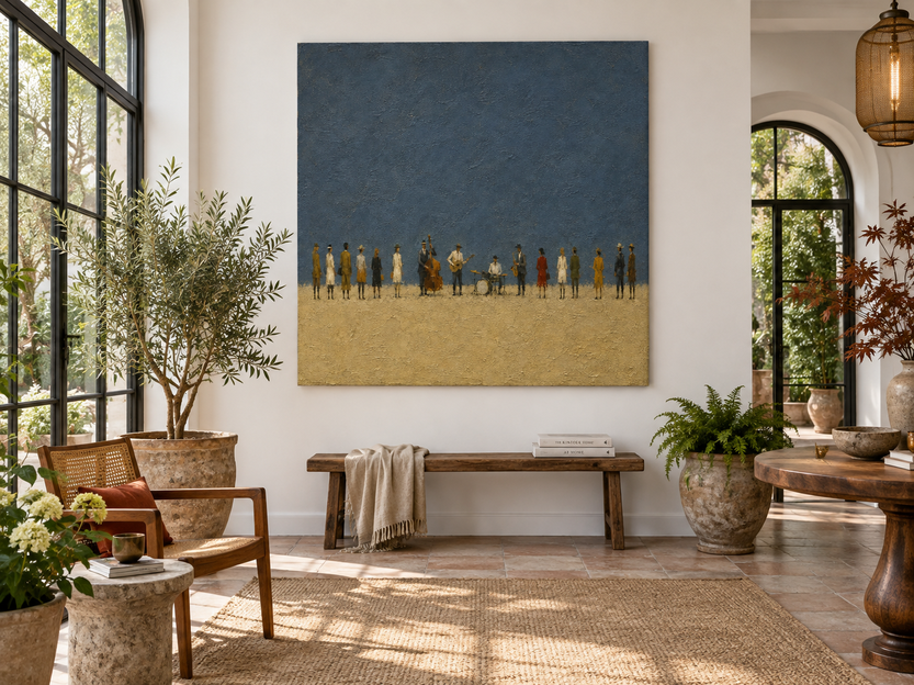 Vintage Jazz Band Hand-Painted Canvas Art With Morandi Colors